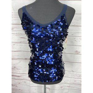 Intuitions NWT Size Medium Navy Blue Silk Sequins Tank V-neck Open Back Slimming